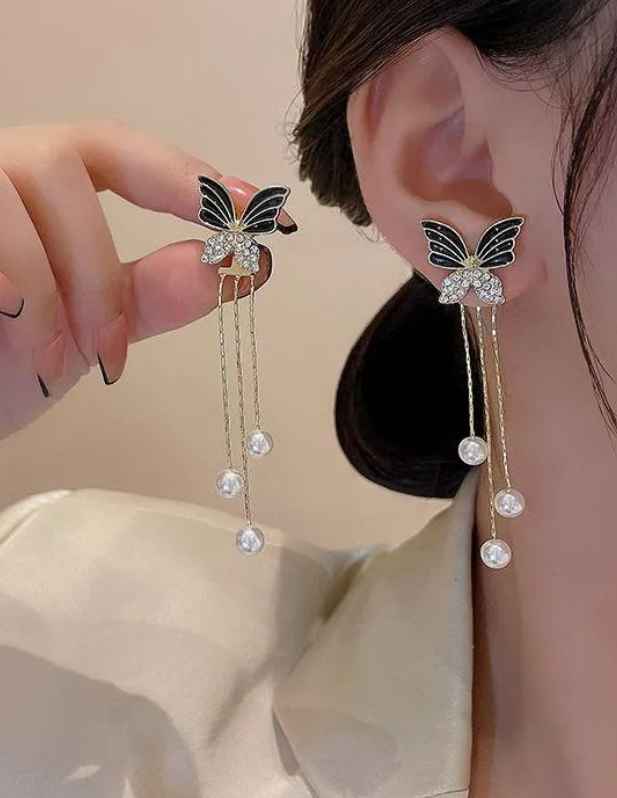 Long Pearl Butterfly Earring