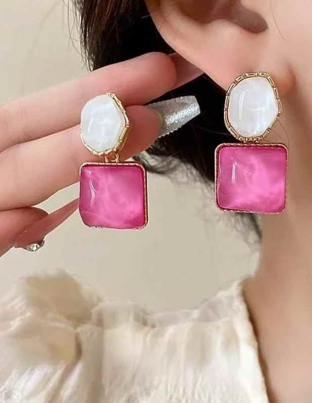 Pink And White Stone Earrings
