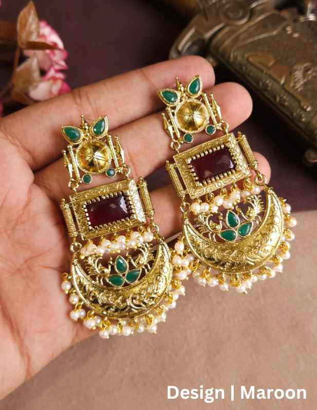 Antique Polish Chandbali Earrings maroon