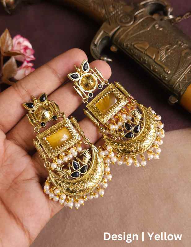 Antique Polish Chandbali Earrings yellow