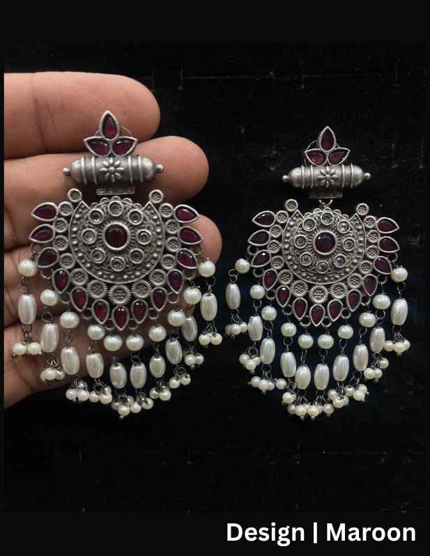 Beaded Oxidised Earrings maroon