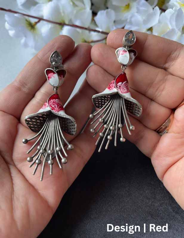 Oxidised Flower Earrings red