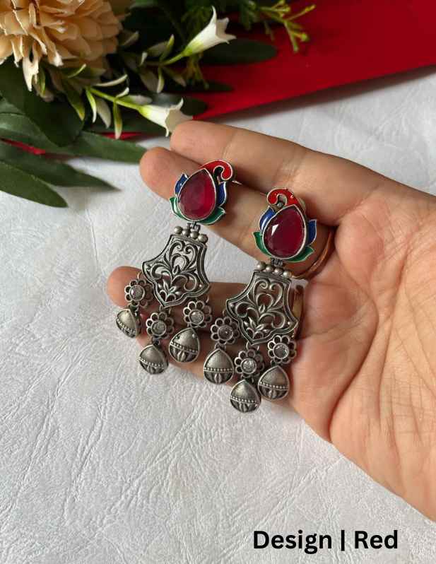 Stone Oxidised Jhumka Earrings red