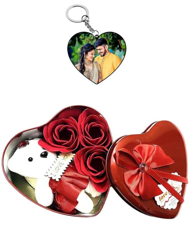 Buy now Heart Shaped Red Teddy And Rose Box With Photo Key Chain